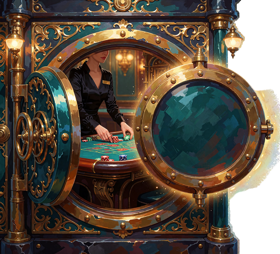 Mosiężny bulaj skarbca z krupierką przy zielonym stole - ilustracja kasyna live Goldbet Casino