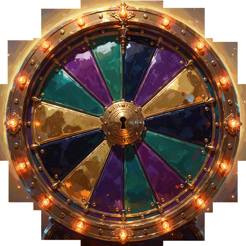 Mosiężne koło fortuny z lampkami i segmentami w kolorach teal, granat, fiolet i złoto - promocja Wheel of Fortune